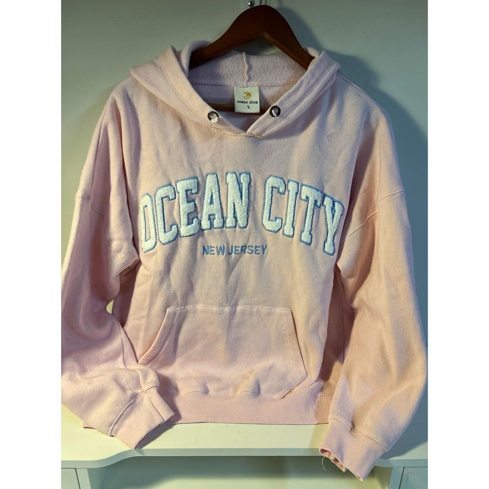 Ocean Drive Ocean City NJ Women Pink Pullover Hoodie Fleece Sweatshirt Large